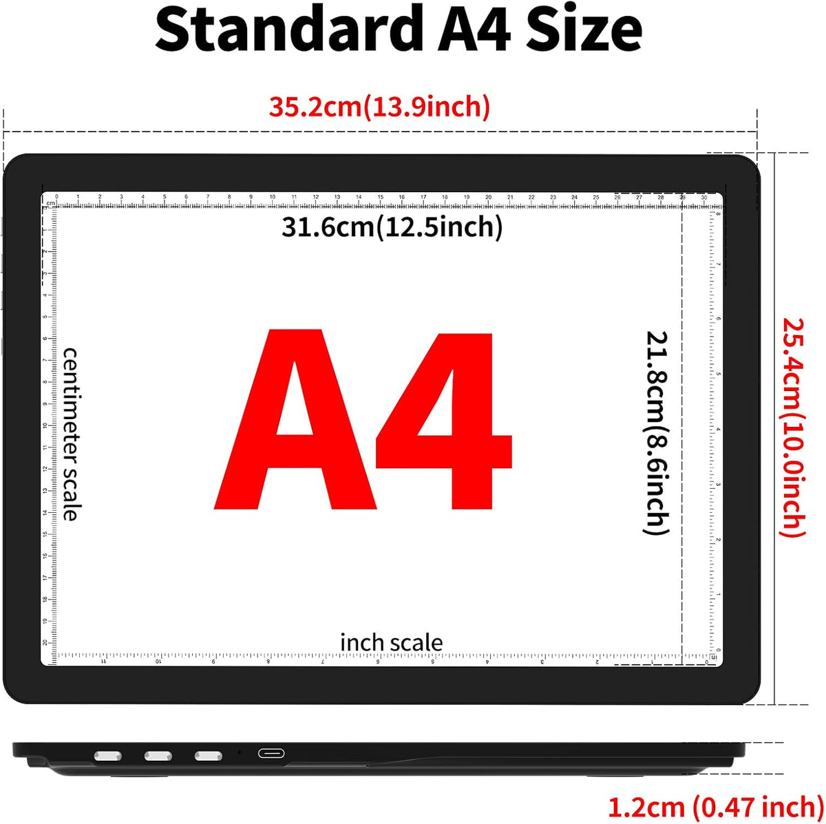 toheto rechargeable a4 light board with stand, super showing dimensions