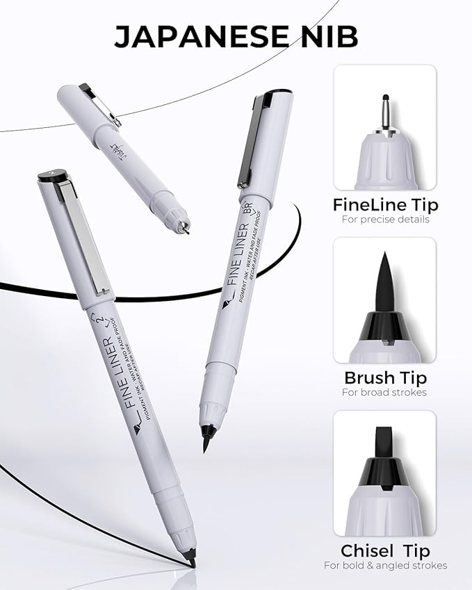 JusArt Fineliner Pens, Ultra Fine, Brush & Chisel, 12 Size, Waterproof Black - Image 3
