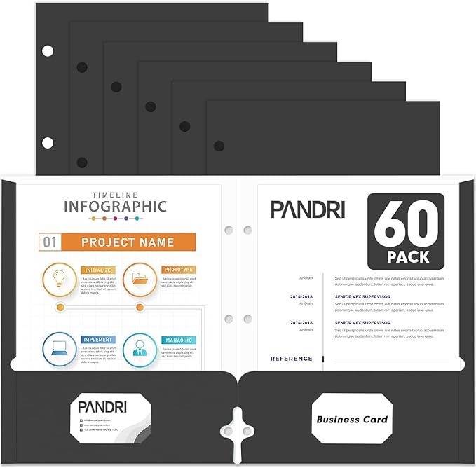 Two Pocket Portfolio Folders, PANDRI 60 Pack 3 Hole Punched 2 Pocket Folders by PANDRI
