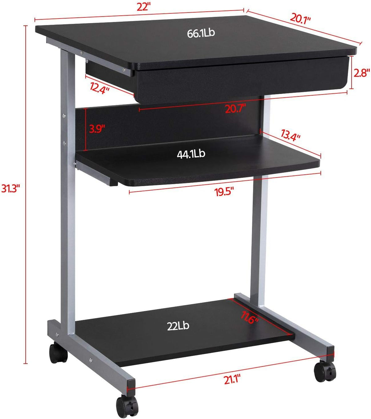 Yaheetech Tiny Mobile Computer Desk, 3-Tier Rolling Cart with Drawer, Black