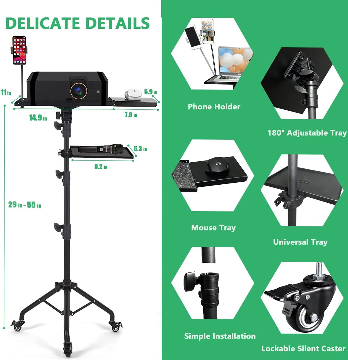 Projector Tripod Stand with Wheels Adjustable Height Laptop Tripod Stand Trea...