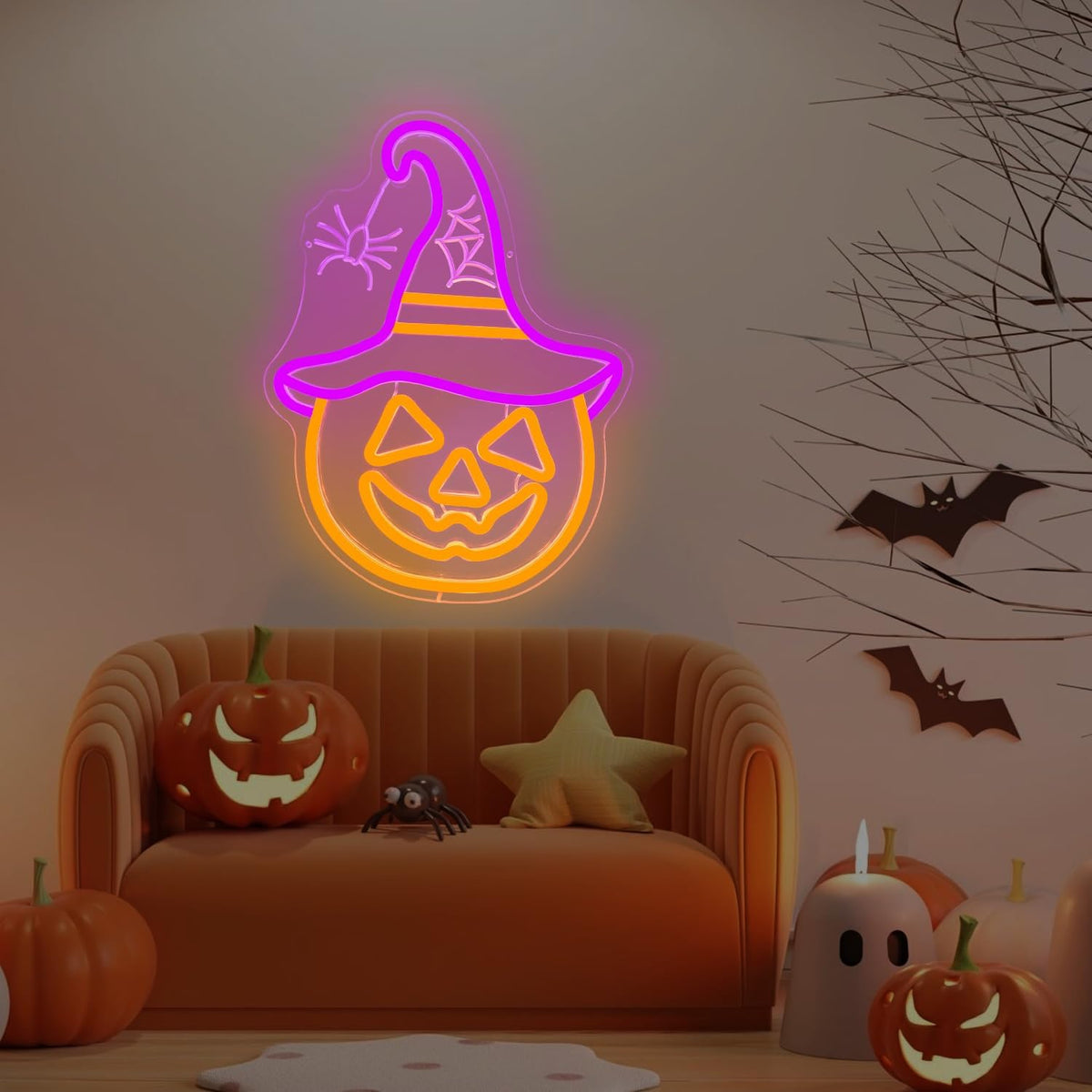 Halloween Neon Sign Pumpkin Neon Sign for Wall Decor Witch Hat Halloween Pump...