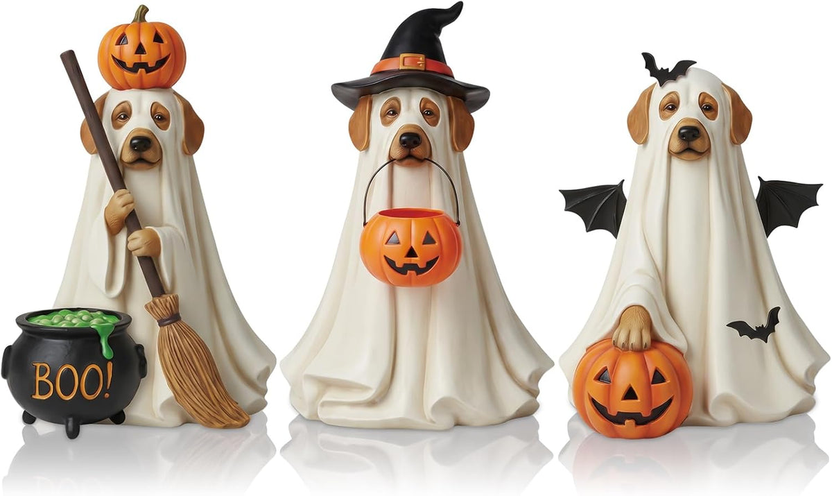 Karenhi 3 Pcs Halloween Dog Ghost Figurines, Cute Tabletop Decorations