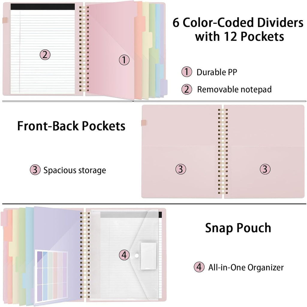 SKYDUE Storage Clipboard Folder with 6 Dividers & Refillable Notepad | 6 Dividers with 12 Pockets for Letter Size, A Snap-seal Letter size Pouch,Spiral Clipboards Padfolio for Teacher Worker Nurse