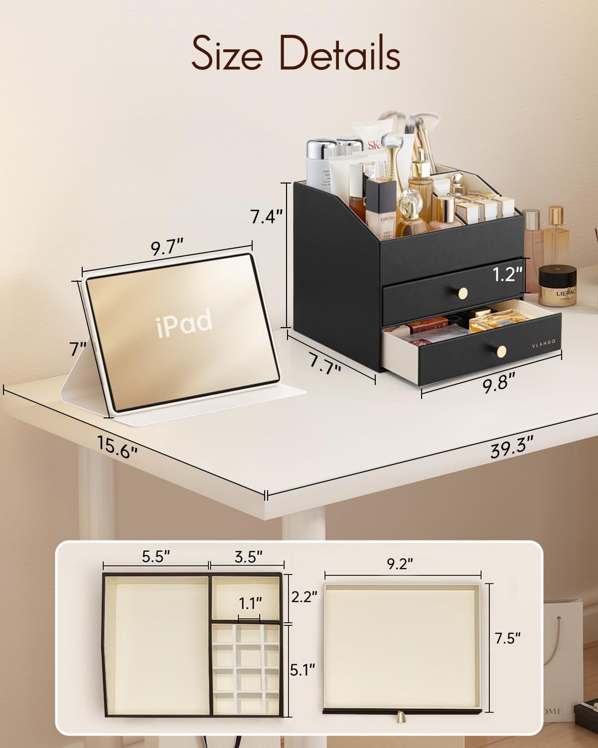 VLANDO 3-Layer Makeup Organizer with 2 Large Drawers for Vanity,Black