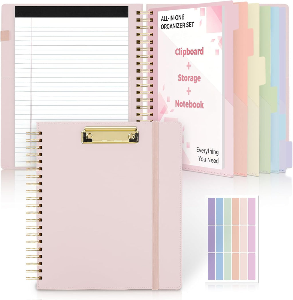 SKYDUE Storage Clipboard Folder with 6 Dividers & Refillable Notepad | 6 Dividers with 12 Pockets for Letter Size, A Snap-seal Letter size Pouch,Spiral Clipboards Padfolio for Teacher Worker Nurse