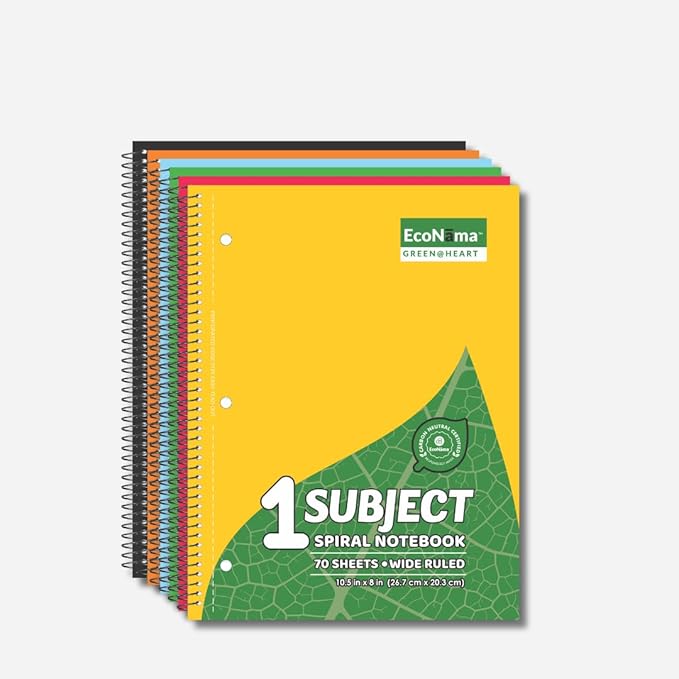 ECONAMA Subject Book Spiral Notebook Pack of 6 Wide Ruled 140 Pages 8" × 10.5" by Econama