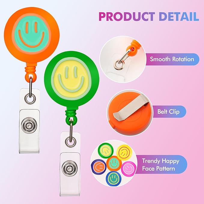 6Pcs Cute Badge Reel Set – Happy Face Retractable Badge Holder - Image 2