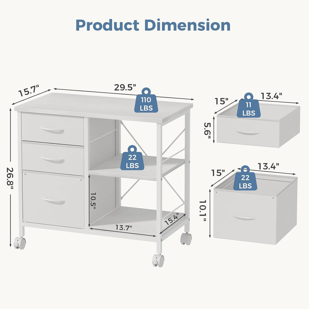 DUMOS 3 Drawer Mobile File Cabinet, Space Saving Rolling Printer Stand | Freestanding Fabric Lateral Filing Cabinet Fits A4/Letter Size, Printer Cart with Open Storage Shelf for Home Office, White