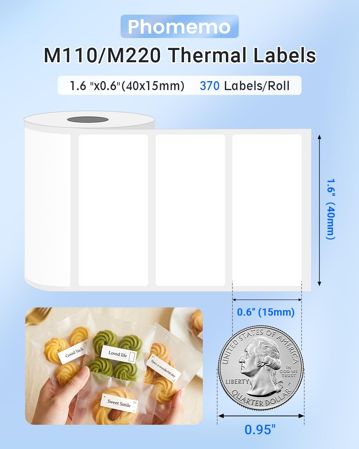 Phomemo M110 Labels, 1110 Pcs 1.57'' x 0.59'' (40x15mm) | for M110 M100 M220 M221 M120 M200 Label Printer, 370 Labels/Roll, for Small Price Tag, Mailing,Address,Shipping,Barcode