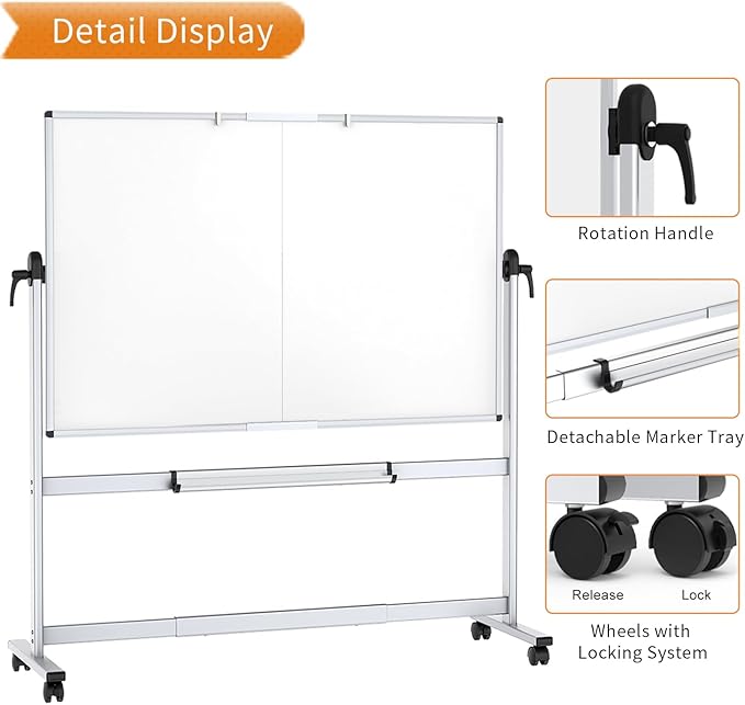 VIZ-PRO Double-Sided Mobile Whiteboard, 60 x 48 Inches, Magnetic Rolling Dry - Image 4
