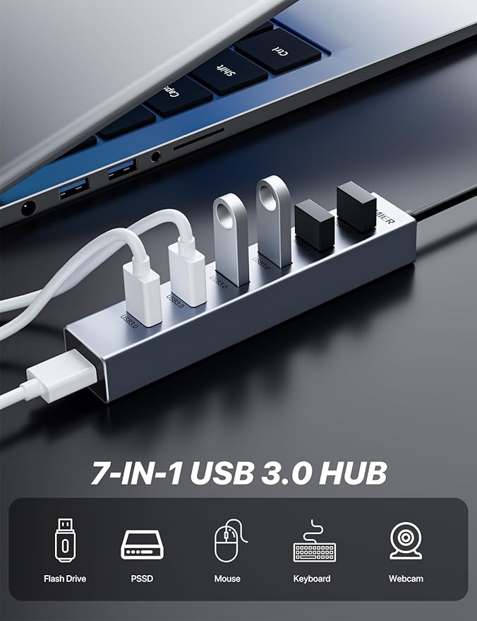 USB C HUB, 7 Port USB C to USB Hub, Aluminum Alloy USB 3.0 Data Port, 5Gbps USB - Image 2