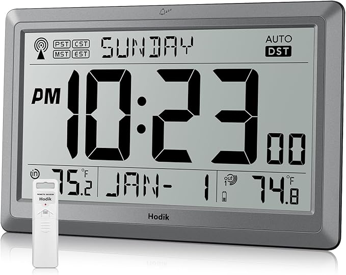 Wall Clock Atomic with Indoor Outdoor Temperature Battery Powered, Easy Reading by Hodik