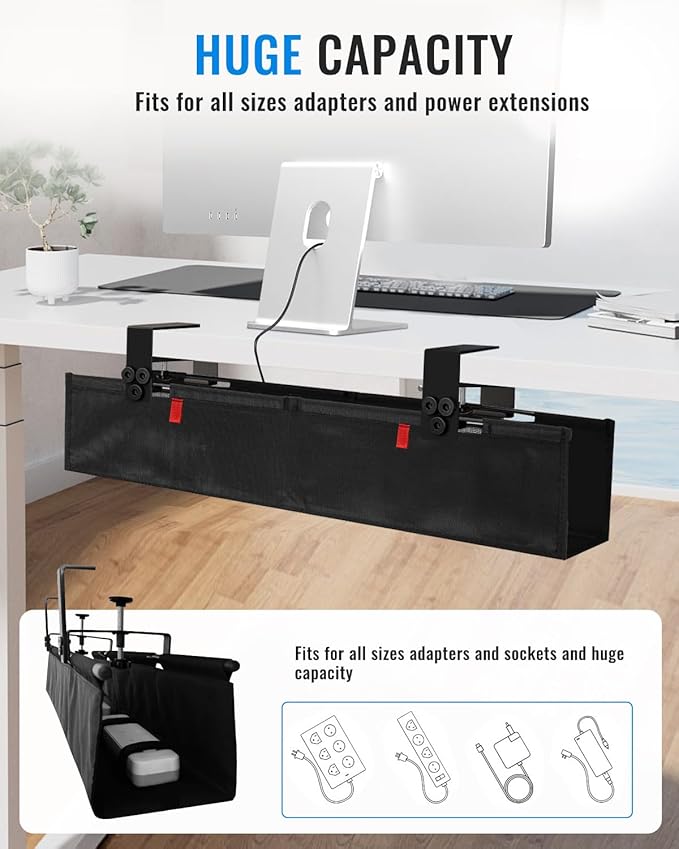 No Drill Cable Management Under Desk, Clamp/Screw Mount Cable Tray, Premium - Image 2