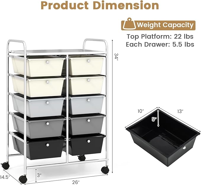 HAPPYGRILL 10-Drawer Rolling Storage Cart, Storage Organizer Cart - Image 6