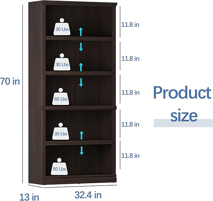 blini 5-Shelf Tall Bookcase Wooden Bookshelves 33in Wide Floor Standing Display - Image 2