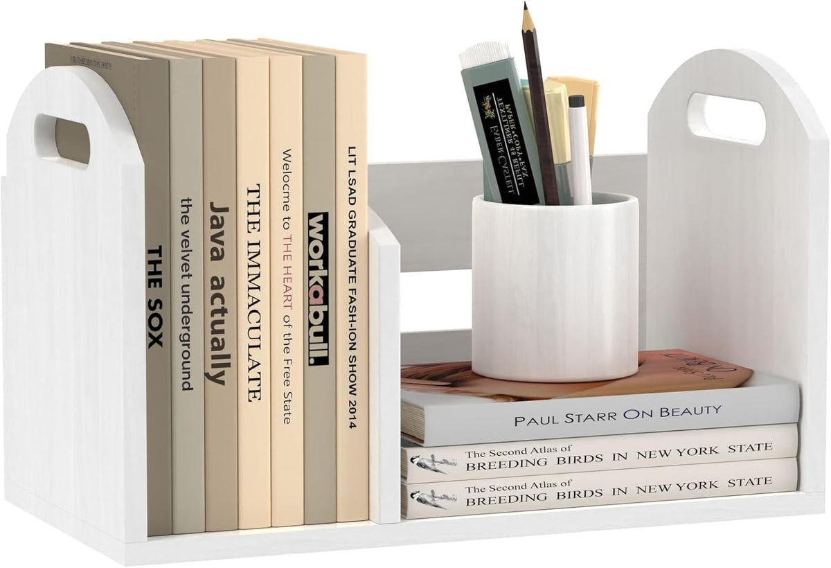 Wood Desktop Bookshelf, Upright Tabletop Book Shelf With Adjustable Divider S...