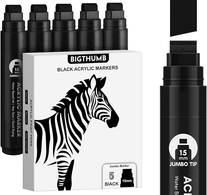 BIGTHUMB Black Poster Markers Jumbo: 5 Pcs 15mm Wide Tip Thick Acrylic Paint by BIGTHUMB