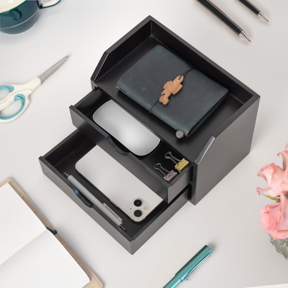 ROSE BLOOM Black Wood Desk Organizer with 2 Drawer, Mini Cute Cabinet with St...