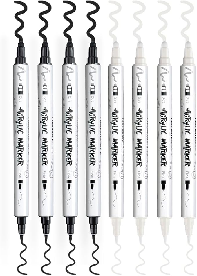 TRANSON 4 Black and 4 White Paint Markers Bold and Fine Dual-tip Acrylic Paint - Image 7
