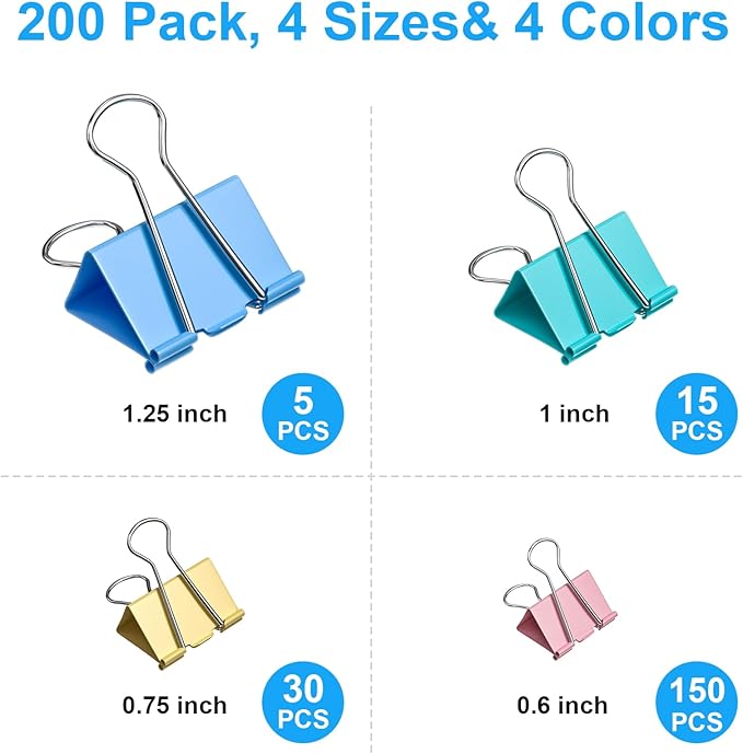 200 Count Colored Binder Clips Assorted Sizes, 4 Sizes Large, Metal Paper Clamps - Image 2