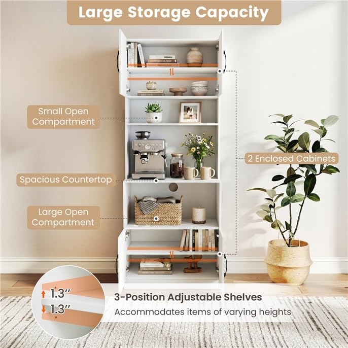 Kitchen Hutch with Countertop, 66" Tall Modern Farmhouse Coffee Bar Pantry Cabinet with Charging Station & Microwave Shelf for Small Spaces, Studio, Apartment (White)