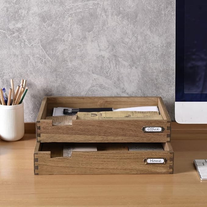 KIRIGEN Wooden Stackable Office Letter Organizer Desk Tray Pack of 2 - Image 5
