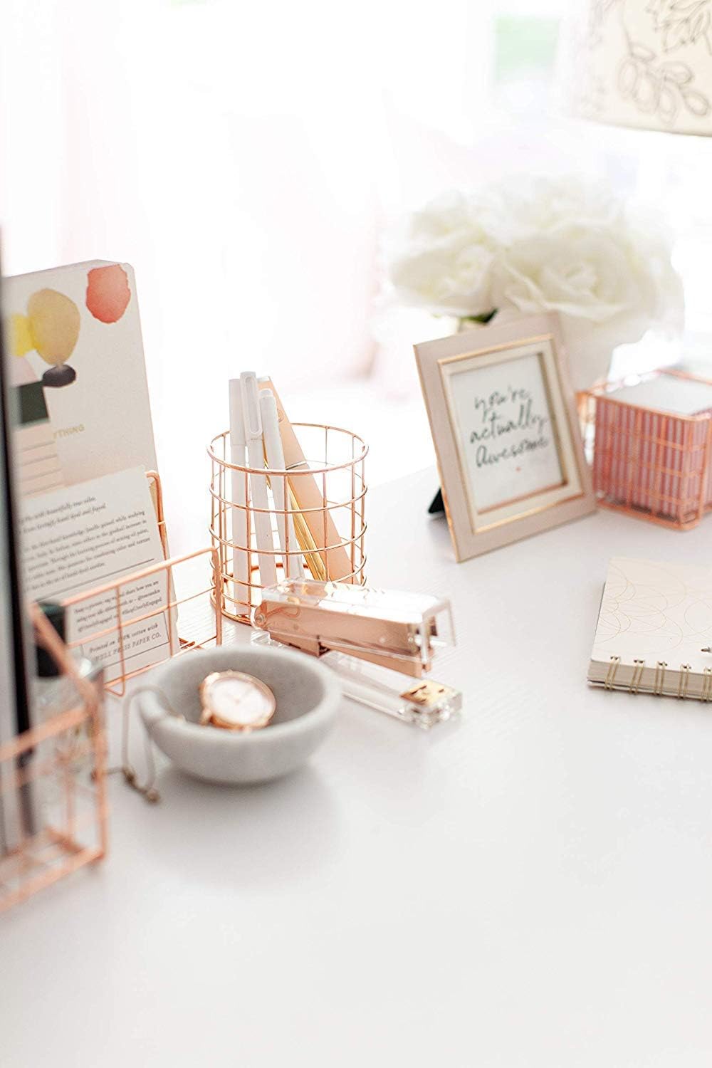 BLU MONACO | Rose Gold Desk Organizer Set 5 Piece | Mail Sorter Organizer Cou...