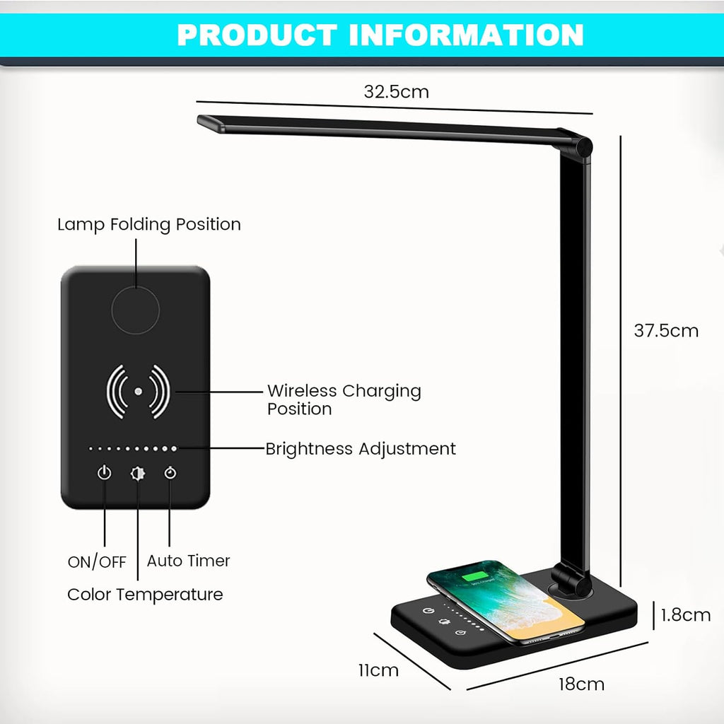 led desk lamp with wireless charger, usb charging showing dimensions