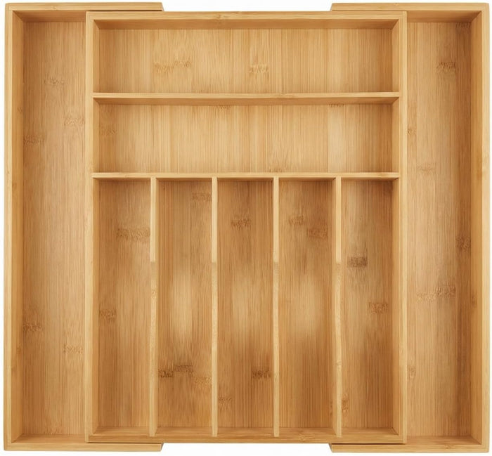 Expandable Bamboo Silverware Drawer Organizer – Adjustable 21" Wide Wooden Utensil Tray with 9-Compartments, Large Kitchen Flatware & Spoon Holder, Natural Solid Wood for Drawers
