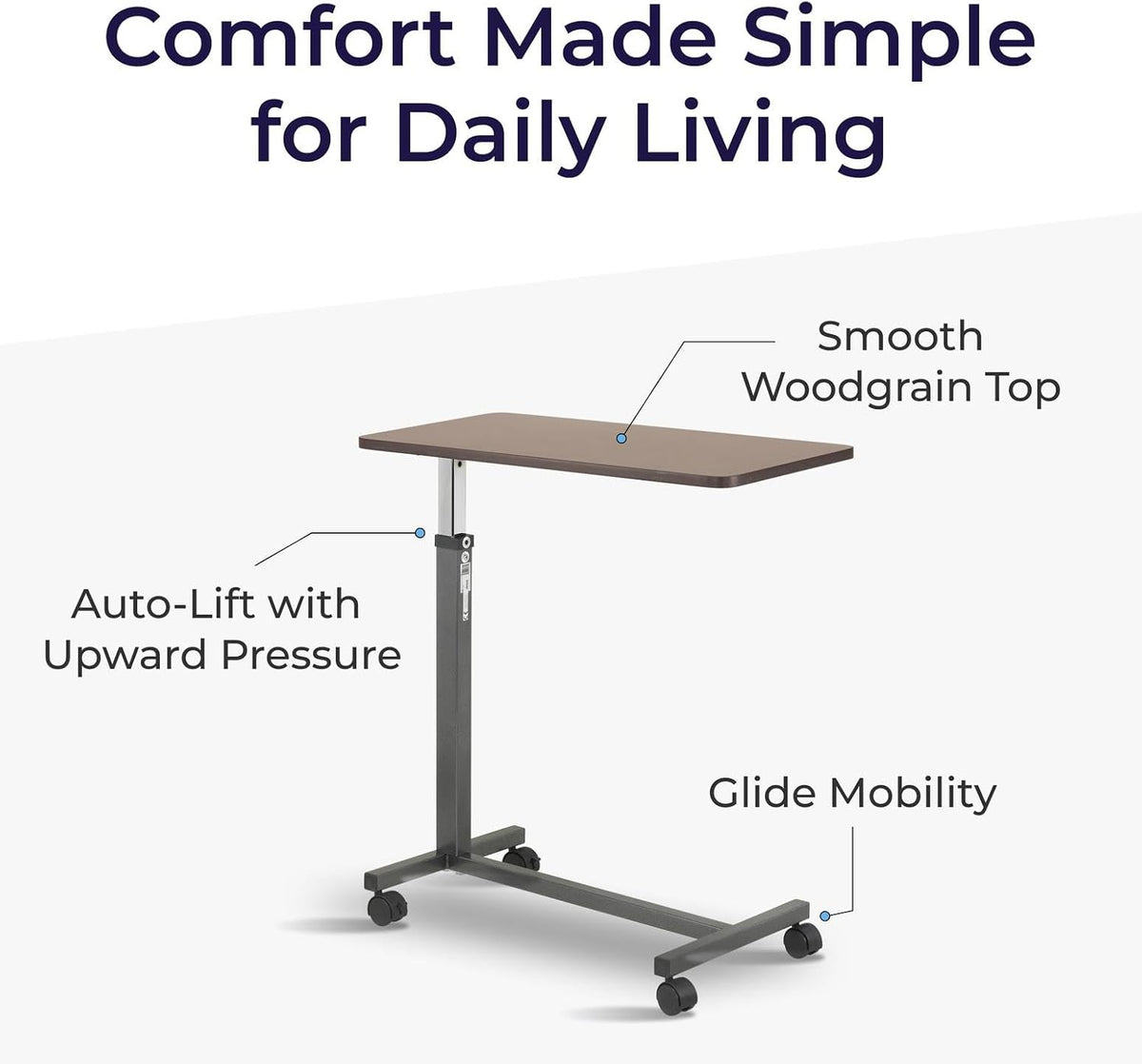Drive Medical Overbed Table with Wheels, Woodgrain Top, Silver Vein