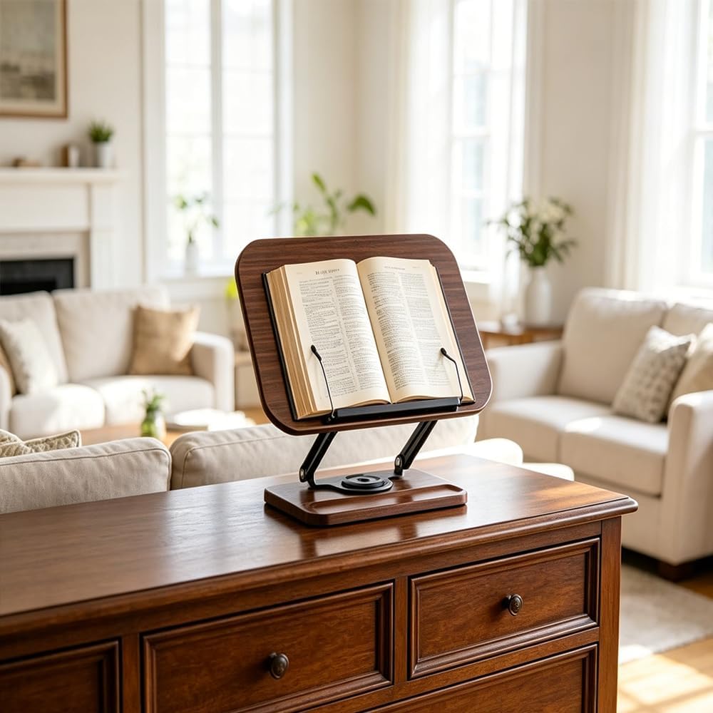 Book Stand for Reading, 360° Rotating Book Holder for Desk, Heavy Duty Bible Stand with Page Clips, Adjustable Height for Thick Textbooks, Cookbooks, Music Book