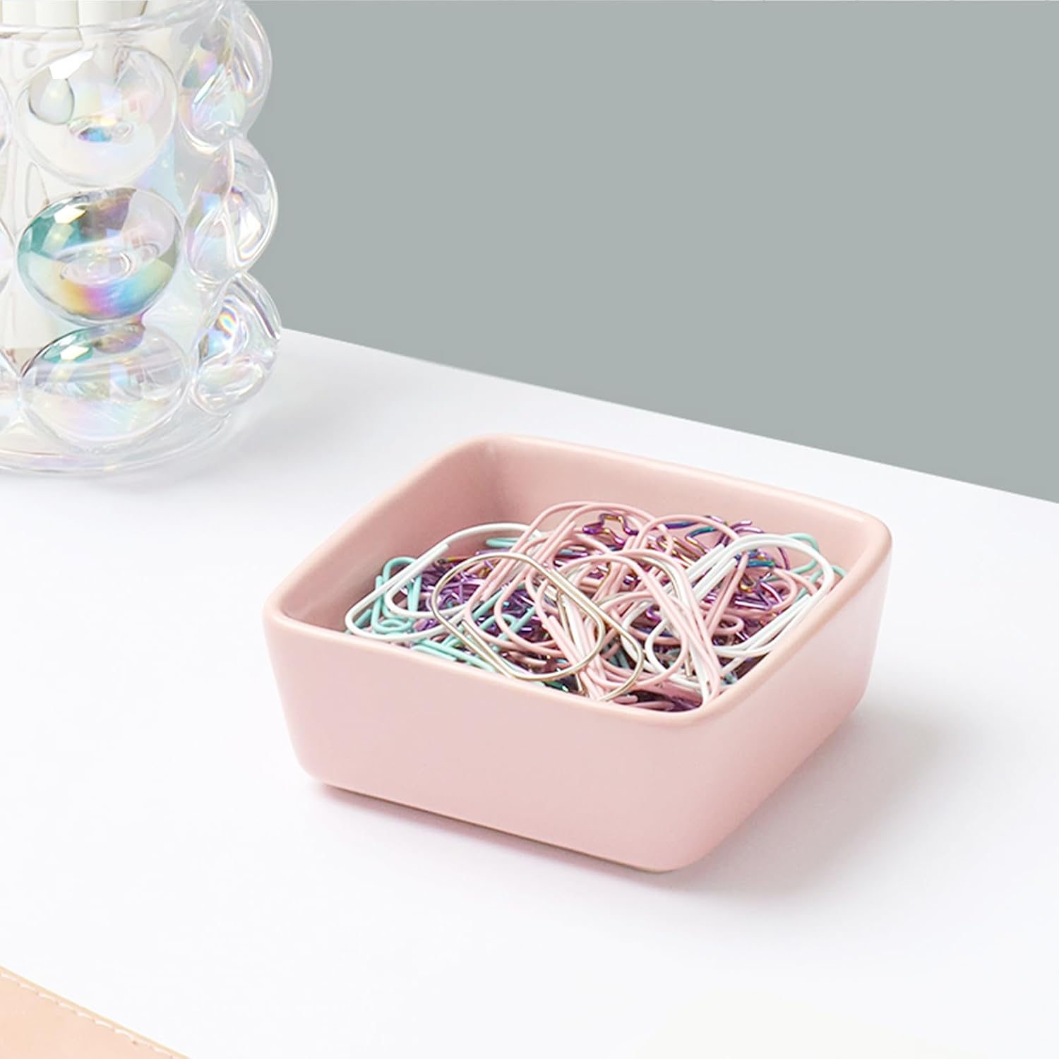 NatSumeBasics Pink Ceramic Paper Clip Holder Dispenser | Square Paper Clips & Push Pins, Office Desk Organizer