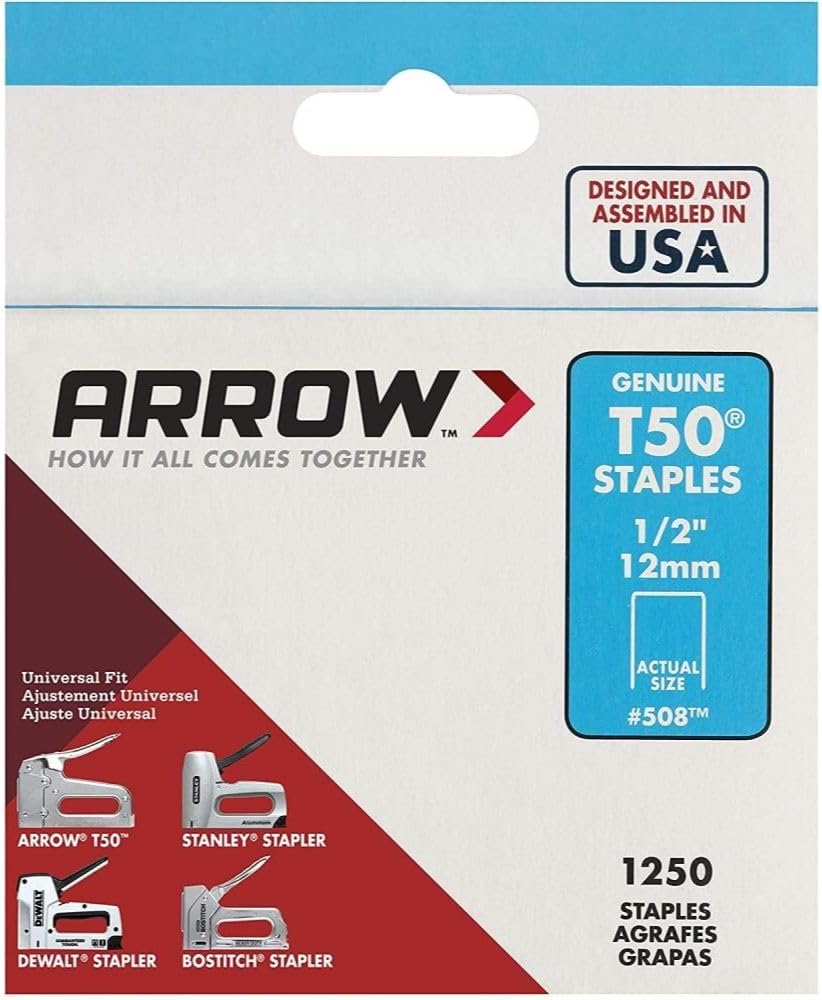 Arrow Fastener Heavy Duty Staples 508 - Flat Crown, Steel, T50 Stapler Compatible - 1/2", 24 Pack