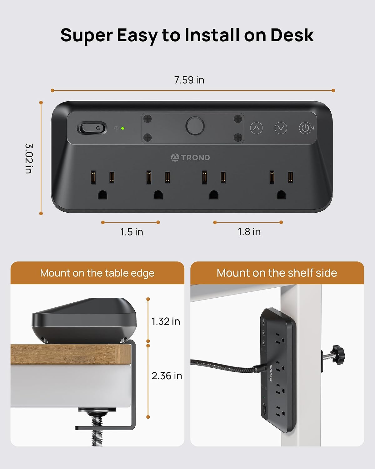 TROND LED Desk Lamp with Clamp Power Strip, 6ft Flat Plug Extension Cord