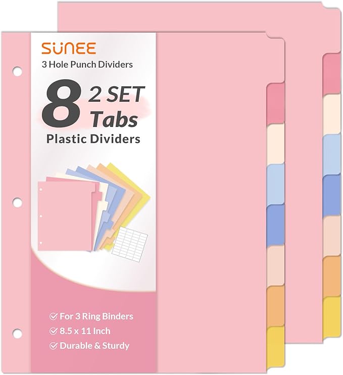 SUNEE 8 Tab Binder Dividers, Plastic Dividers by SUNEE