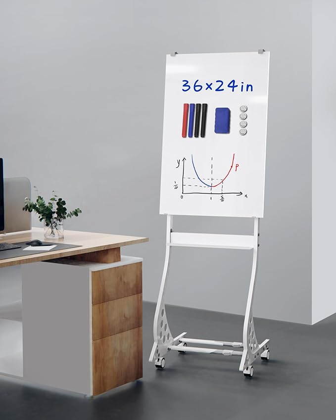 Mobile Glass Whiteboard, 24 x 36 inch Glass Board/w Height Adjustable, Large - Image 2
