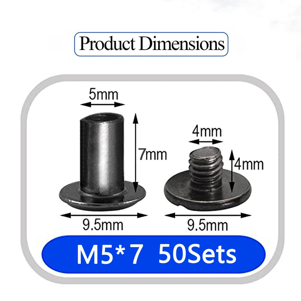 50 Sets Chicago Screws Carbon Steel Binding Screws Rivet Book Binding DIY Leather Craft Assembly Bolt M5*7mm Black