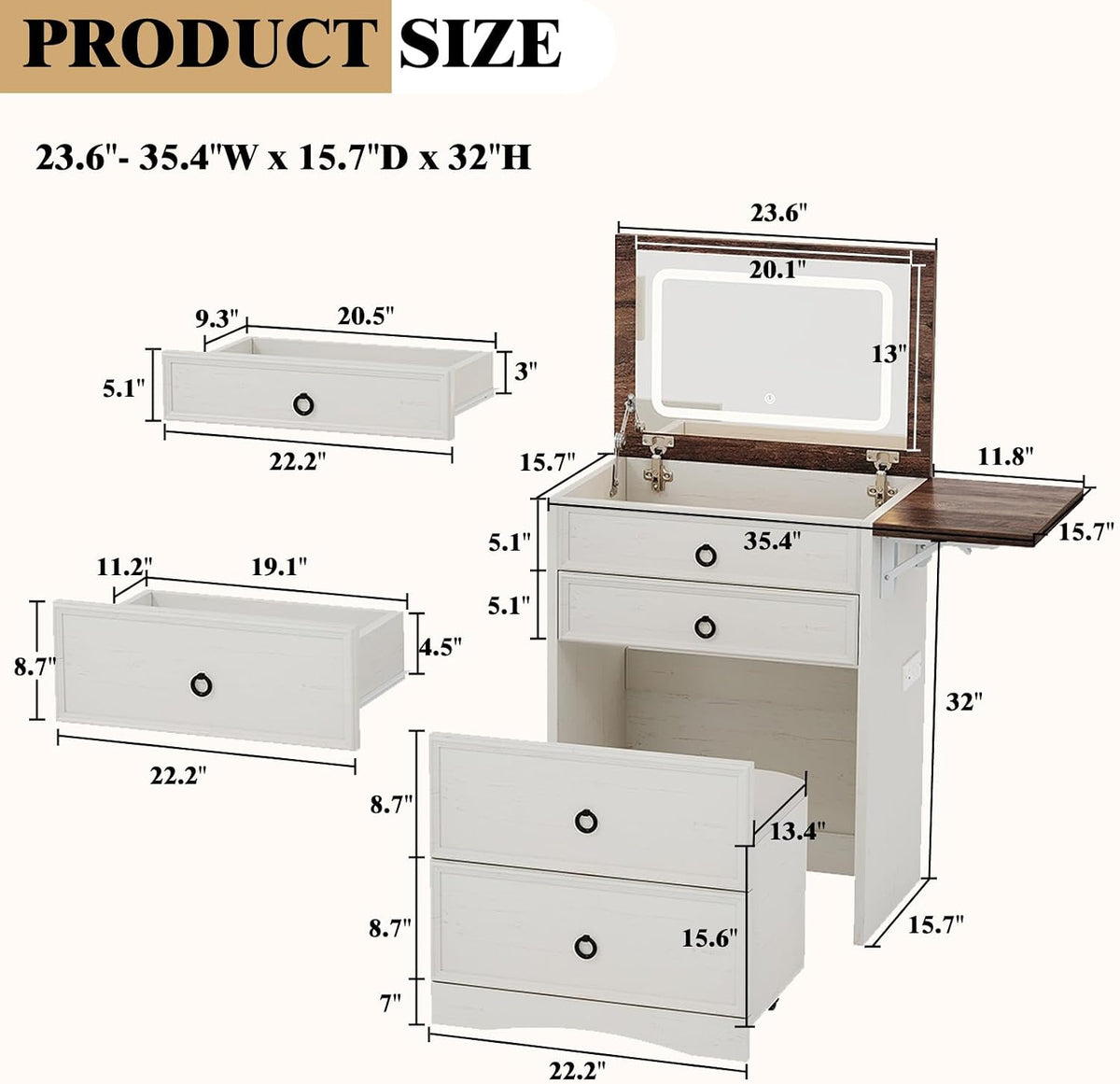 LUXOAK 3 in 1 Compact Makeup Vanity Desk with Hidden Chair & Mirror, White