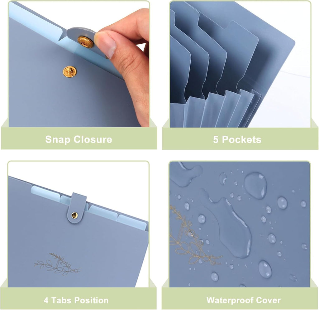 EOOUT 6pcs Expanding File Folders with 5 Pockets, Accordion Folders for Documents, A4 Letter Size Gold-Embossed Floral Plastic File Organizer with Snap Button for School and Office Supplies
