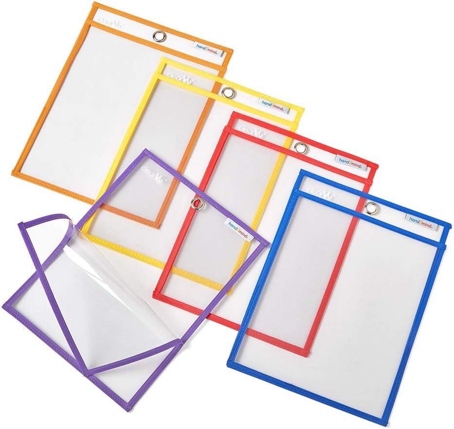 hand2mind Reusable Clear-Vu Dry Erase Pockets for Students, Dry Erase Office Supplies, Teacher Supplies for Classroom, School Supplies, Classroom Supplies (Pack of 5)