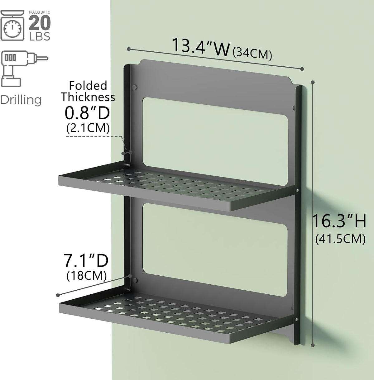 2-Tier Folding Metal Shelf Wall Mounted | Small Foldable Wall Shelf | Dorp Do...