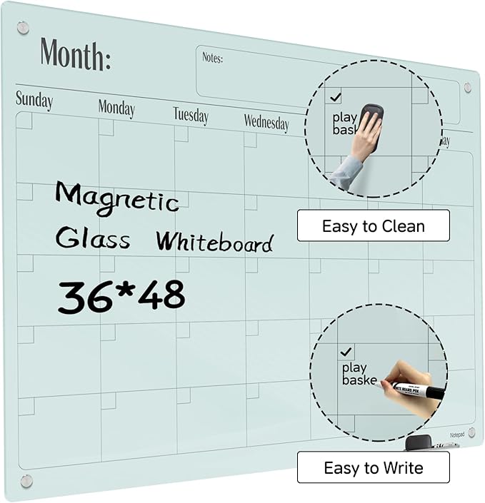 Magnetic Glass Dry Erase Board Calendar- White Board 48 x 36 Inch Wall Mounted - Image 2