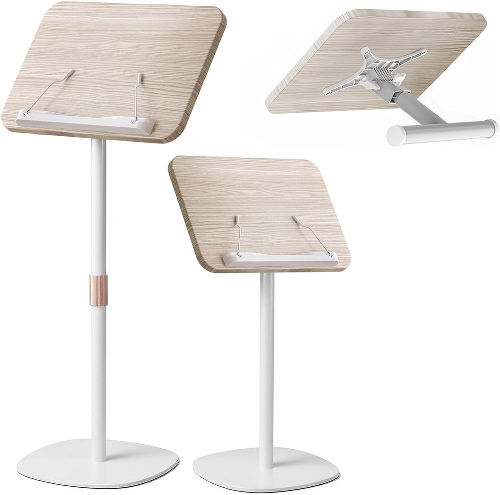 2-in-1 Floor Music Stand & Desktop Book Stand, 16.5"–51" Height Adjustable | Premium Wood Panel, Floor Reading Stand with Page Clip for Sheet Music, Cookbooks & Projector (White, 11.8" × 16.5" Panel)