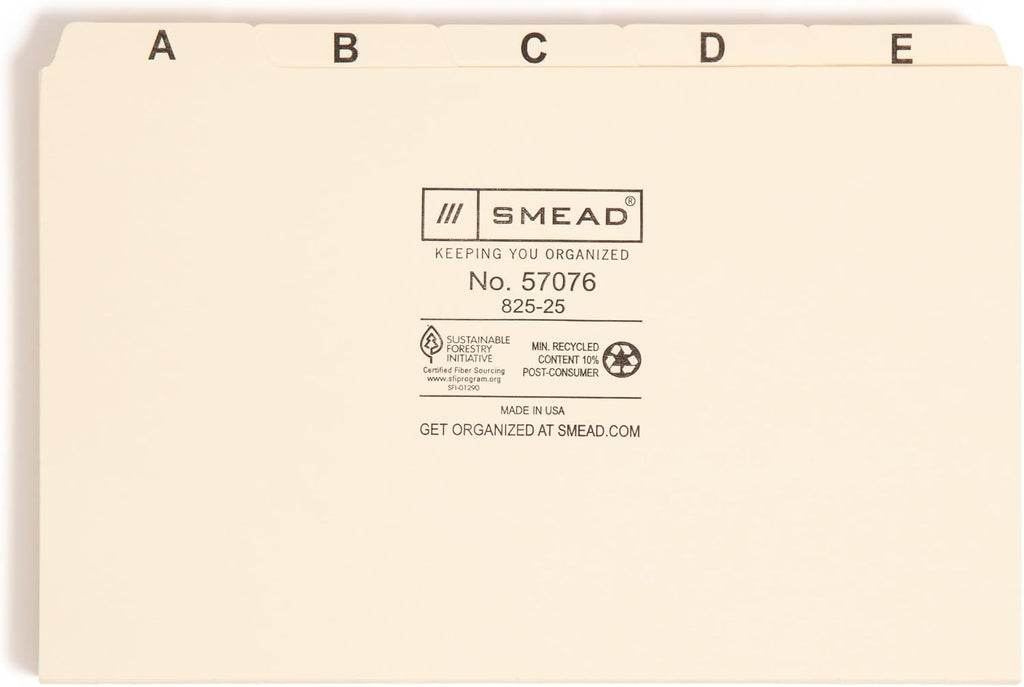 Smead Card Guide, Plain 1/5-Cut Tab (A-Z), 8"W x 5"H, Manila, 25 per Set (57076)