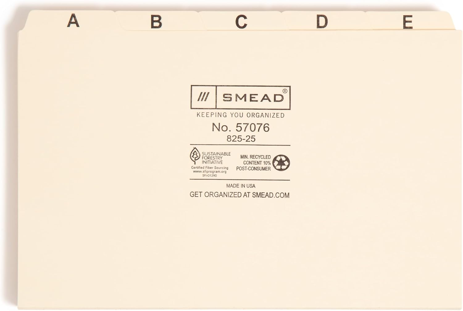 Smead Card Guide, Plain 1/5-Cut Tab (A-Z), 8"W x 5"H, Manila, 25 per Set (57076)