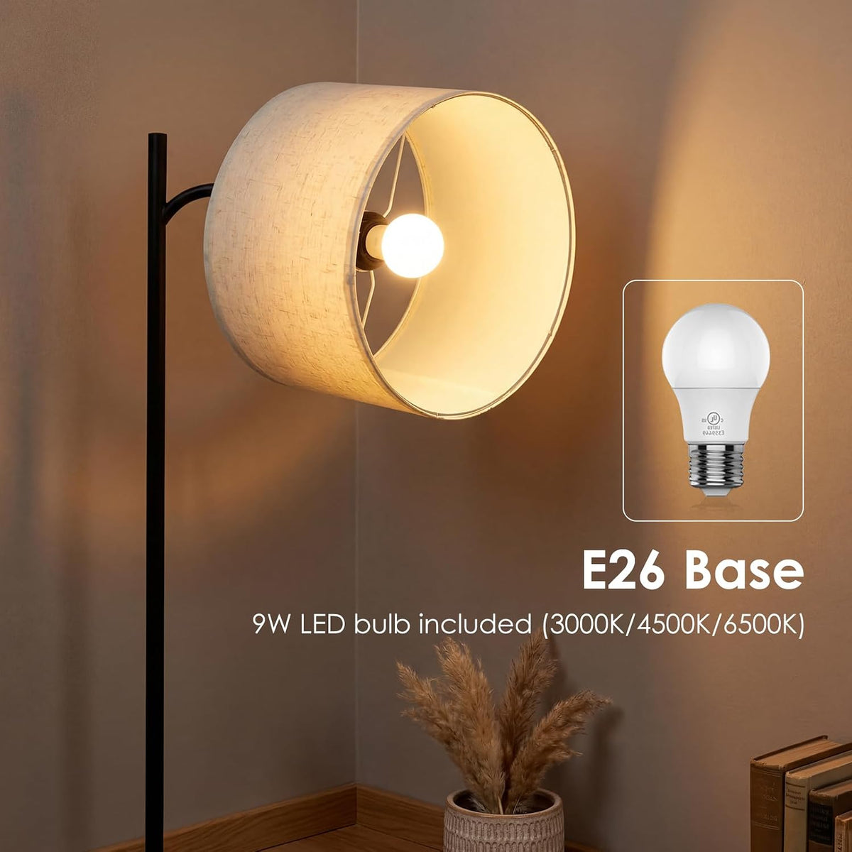 ONEWISH Floor Lamp with Table, USB/Type-C/AC Charging Ports, 9W LED Bulb, Rou...