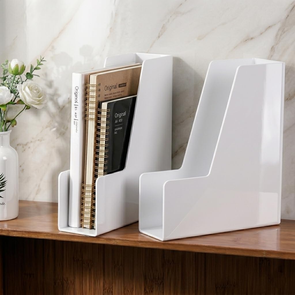 LALOBLUE White Vertical File Organizer, 4 Section Magazine Holder for Desk, D...