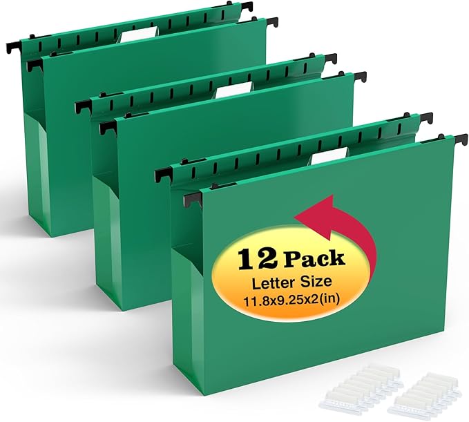 SHUTEX Extra Capacity Plastic Hanging File Folders, 12 Pack Reinforced by Shutex