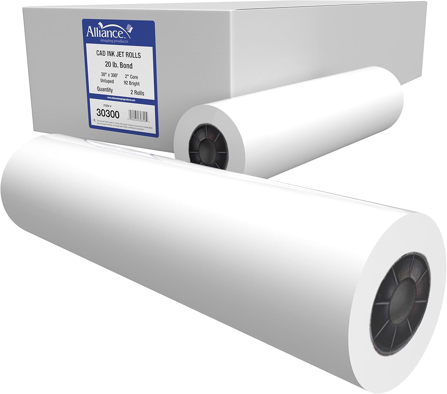 Alliance Wide Format Paper Rolls CAD Bond 30" Widths (2 Rolls, 30 In x 300 Ft | 2" Core)